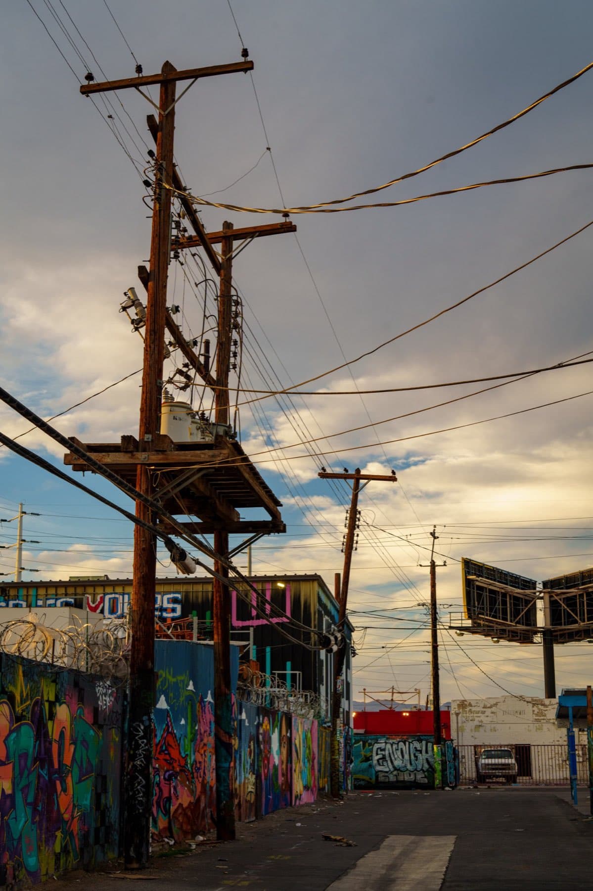 A graffiti-covered Arts District alley at golden hour
